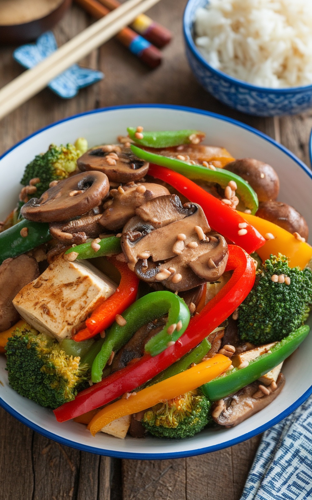 Homemade Mushroom Stir Fry Sauce Recipe A colorful stir fry with vegetables and tofu coated in mushroom stir fry sauce, served with rice.